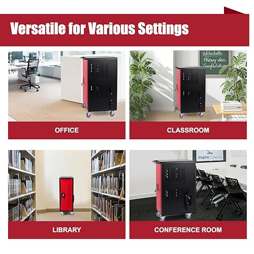 VOOTOLOVER 16-Bay Charging Cart for 15.6" Laptops/Tablets, Red/Black