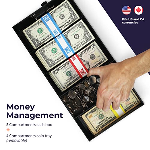 Volcora Cash Box Money Organizer - 15” x 7.5” x 4” Cashbox 5 Compartments Drawer Tray - Bills and Coin Slot with Combination Lock for POS Register, Kiosk, Retail, Personal and Business Use, Black