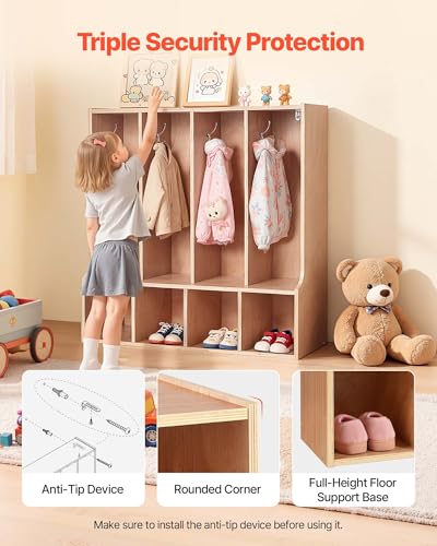 VEVOR 4-Section Coat Locker with Bench, Kids Lockers with 8 Hooks & Non-Slip Mat, Classroom Cubbies for Daycare, Home, Kindergarten- Natural