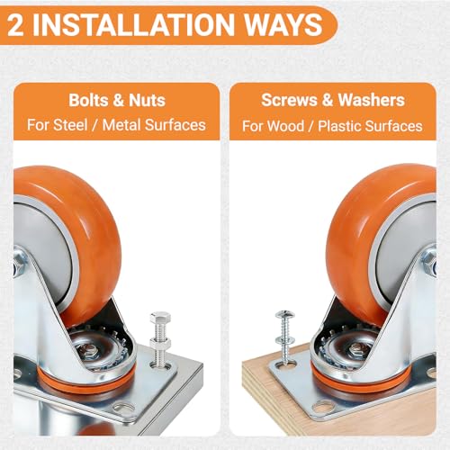 6 Inch Swivel Caster Wheels Set of 4, 2600lb Capacity, Silent Polyurethane Wheels with Locking Brakes – Industrial Plate Mount Casters for Heavy Equipment, Furniture Dollies, Tool Carts