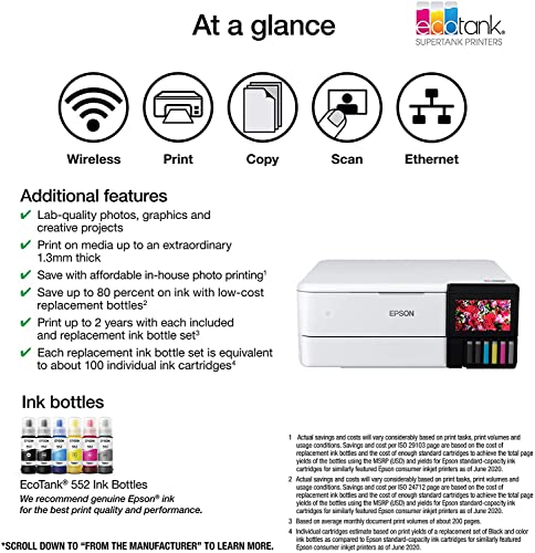 Epson EcoTank Photo ET-8500 All-in-One Wireless Color Supertank Printer with Scanner and Copier - Print Scan Copy Fax- Auto 2-Sided Printing - White-Bundle with Ahaghug Printer Cable.