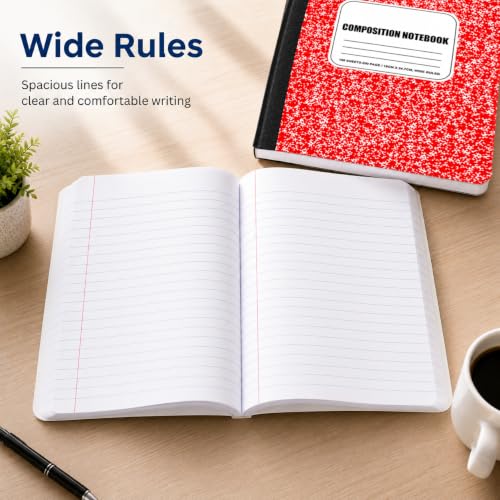 ZUBBLLE Composition Notebooks, Wide Ruled, Red Marble, 48-Pack
