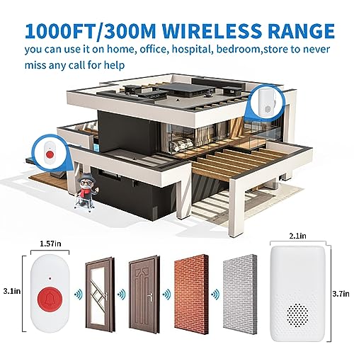 Wireless Caregiver Pager Nurse Alert System SOS Call Button Vibration Pager Nurse Calling Alert System with 58 Melodies 4 Adjust Volume Levels for Patients Seniors Elderly Monitoring at Home