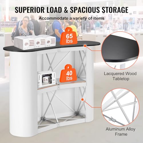 VEVOR Portable Tradeshow Podium Table, 51.18" x 18.31" x 37.4", Display Exhibition Counter Stand Booth Fair with Wall, Foldable Promotion Retail Bar Table Pop Up Podium with Storage Rack, Carrying Bag