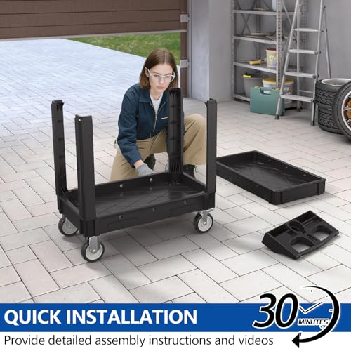 2 Tier Plastic Rolling Cart Utility Cart on Wheels, Heavy Duty Tool Carts with Ergonomic Storage Handle and Deep Shelfs, Work Cart Service Cartss for Garage, Warehouse, Workshop, Office, Cleaning