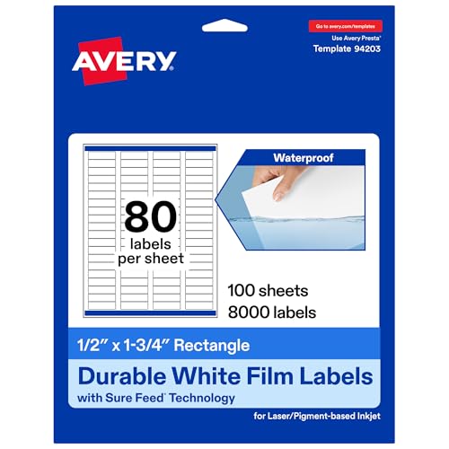 Avery Printable Durable White Rectangle Labels, Sure Feed Technology, 0.5" x 1.75", Waterproof Labels, Laser & Pigment-Based Inkjet Compatible, 8000 Total