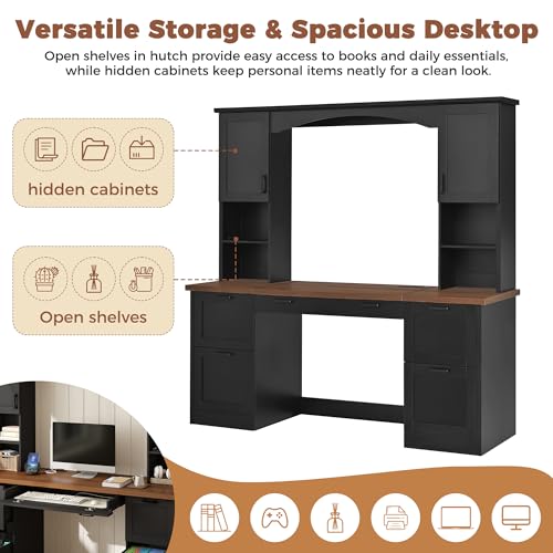 EWUZOSE Arched Computer Desk with Hutch Charging Station and File Drawer (Engineered Wood,Black)