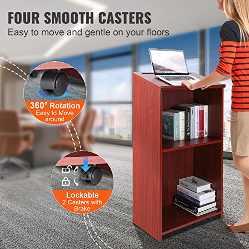VEVOR Podium Stand, 47 inch Hostess Stand with 4 Rolling Wheels, Wood Podium with Storage Shelves and Slant Desktop, Lecterns & Podiums for Home, Office, School, Church, Brown