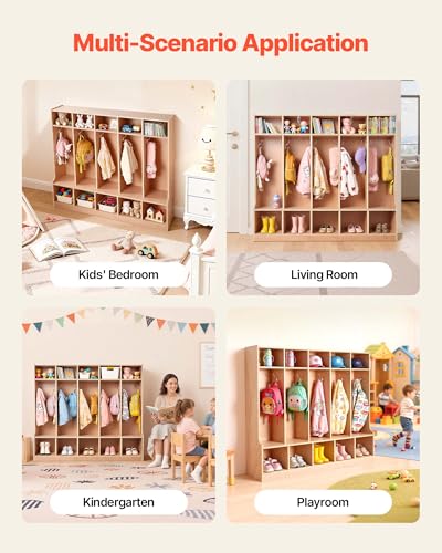 VEVOR 5-Section Coat Locker with Bench, Kids Lockers with 10 Hooks & Non-Slip Mat, Classroom Cubbies for Daycare, Home, Kindergarten- Natural