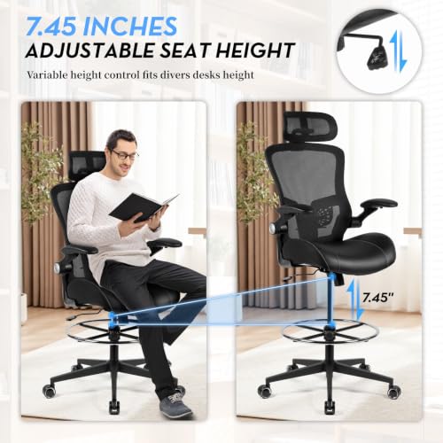 Jorixa Drafting Chair 400lbs, Tall Office Chair with Headrest, Standing Desk Chair Counter Height Office Chairs with Flip-up Armrests Footrest and Adjustable Lumbar Support Black