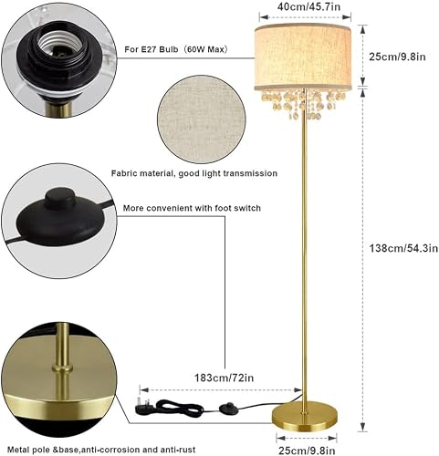 POCHY Luxury Floor Lamp Floor Lamp Modern Crystal Led Standing Lamps Fabric Lampshade Bedroom Floor Light for Home Living Room Bedside Interior Easy use