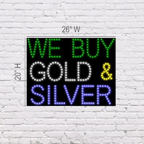 LED We Buy Gold & Silver Sign for Retail Business Displays |Advertising Electronic Light Up Sign for Windows Walls | 20"h x 26"w x 1"d