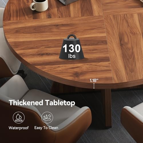 LITTLE TREE 47 Inches Round Conference Table for 4-6, Small Meeting Table, Modern Circle Podcast Table, Business Style Wooden Office Training Table with Strong Pedestal for Office Conference, Brown