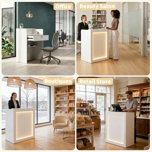 Reception Desk with Counter Modern Front Desk with Lockable Drawer Retail Checkout Counter with LED Light for Office Clothing Store Lobby Beauty Salon, 15.8x27x37.8in, White
