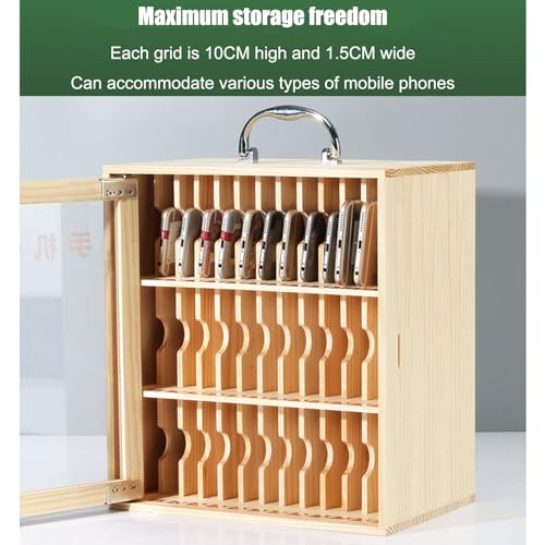 Cell Phone Cabinet Wood Pocket Chart Storage Locker Box, Desktop Mobile Phone Holder Organizer with a Lock, Mobile Phones Safe Deposit Box w/Portable Handle, for Office School Classroom Gym