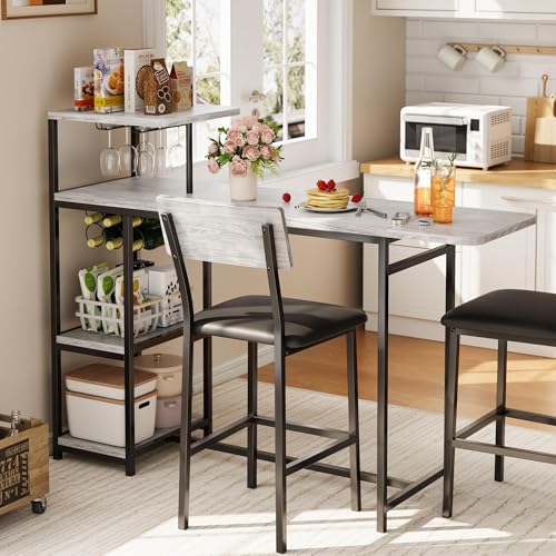 GarveeHome Bar Table and Chairs Set for 2, 3-Piece Bar Table Set with Storage Shelves, Cup Holder & Wine Rack, PU Leather Bar Stools, Small Dining Table for 2 for Kitchen, Breakfast Nook, Gray