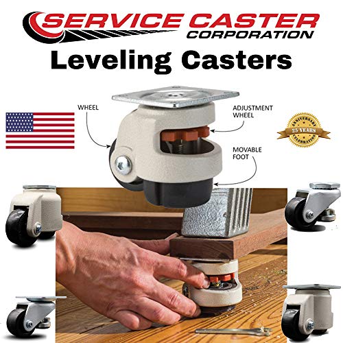Nylon Swivel Top Plate Light Duty Floor Leveling Caster w/2.8" Diameter Black Wheel - 1100 lbs Total Capacity - Service Caster Brand