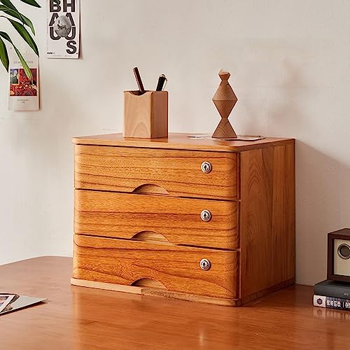 EliteBloom Desktop Organizer Storage Box - Desktop File Cabinet, Desktop Drawer Cabinet with Lock, 1/2/3/4 Tier Wooden Flat File Cabinet Storage, Desktop Storage Cabinet/Data Cabinet (C 3 Drawer)