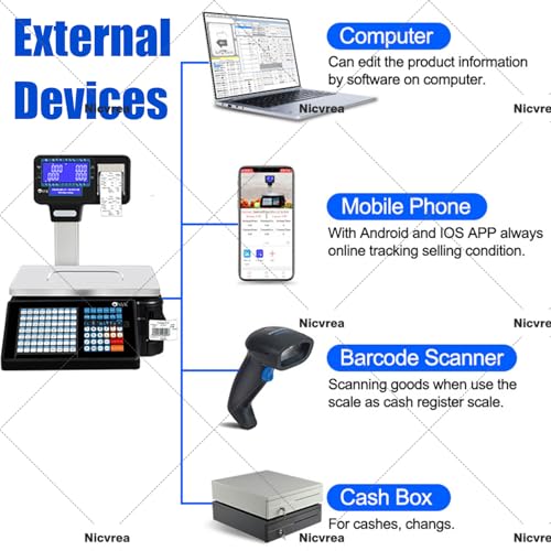Nicvrea Commercial Cash Register,Label Printing Scales, Digital Barcode Weighing Scales with Pole Display, Back Front Dual Display, Receipt Label Printing Scale with Cash Register Machine+Cashbox