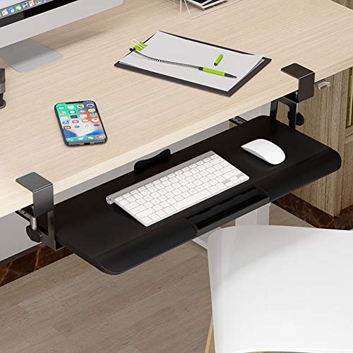 ACXZ Ergonomic C-clamp Keyboard Tray, Sliding Retractable Computer Keyboard Drawer Platform, with Stationery Box, Black (65×25cm)