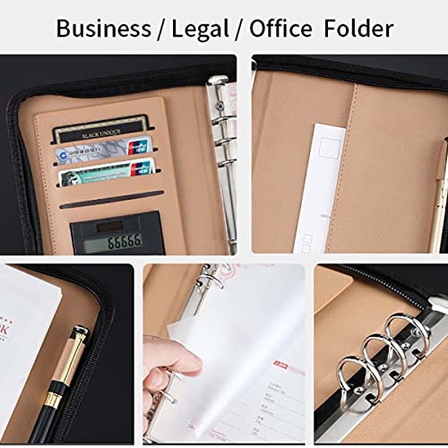 EoxinDm Padfolio Organizer Binder,Portfolio, A5/B5/A6 PU Leather Conference Portfolio Fold Business Padfolio Zipper Organizer Folder with Calculator 6 Ring Binder Clipboard for Office Work(Brown,A6)