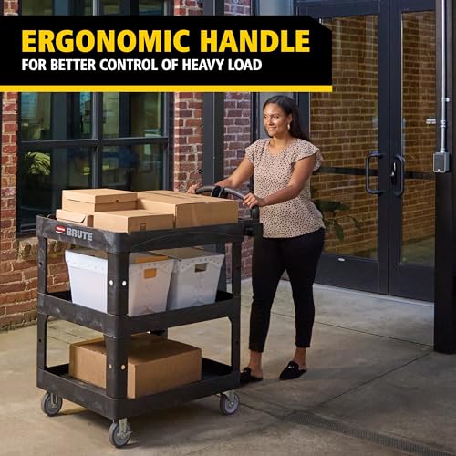 Rubbermaid Commercial Brute 3-Shelf Heavy-Duty Utility/Service Cart, Medium, High Storage, Lipped Shelves, Ergonomic Handle, 600 lb. Capacity, Ideal for Warehouse/Garage/Cleaning/Maintenance/Office