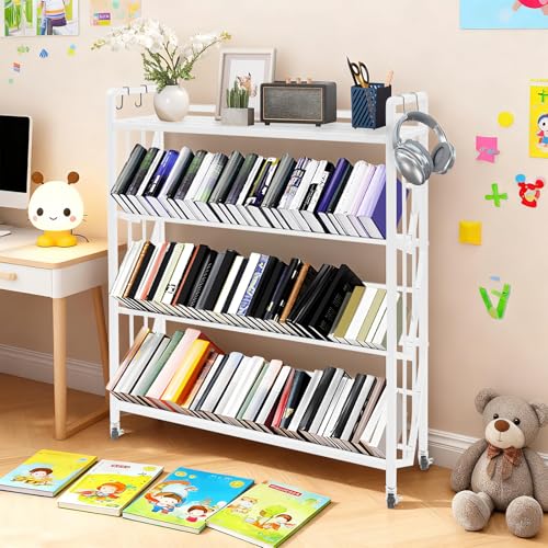 Sizcdiomk 4 Tier Book Carts with Wheels, Library Rolling Bookshelf Mobile Book Storage Rack Large Capacity Rolling Book Cart for Home Office Living Room Classroom (White)