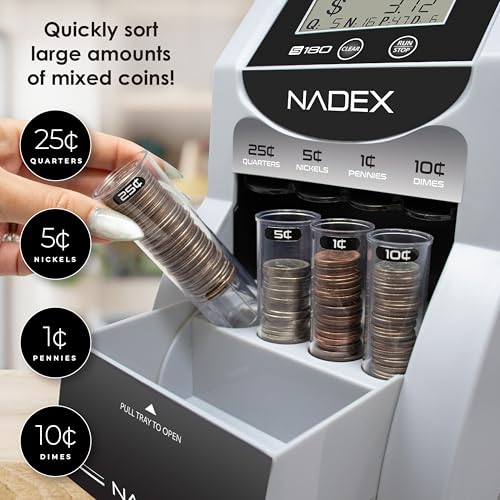 Nadex S180 Digital Coin Counter, Sorter,and Wrapper - Automatically Sorts and Counts Coin Batches, Stops on Full Coin Rolls