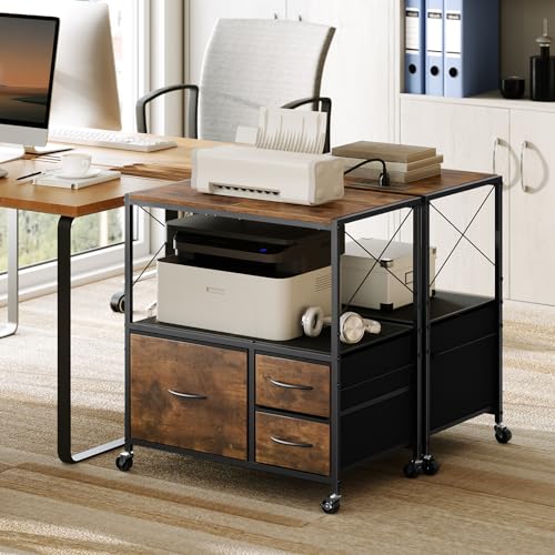 MAHANCRIS File Cabinet with Charging Station, 3 Drawer Lateral Filing Cabinet for Home Office, Mobile Printer Stand with Open Shelf, Fits A4/Letter Size File, Nonwovens Drawer, Rustic Brown FCHR98E01