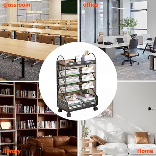 Preferspace Book cartMovable Bookshelf 5 Tier Rolling Utility cart Rolling Book cart with Slanted Shelves for Offices, Classrooms, Libraries, Study Rooms,A
