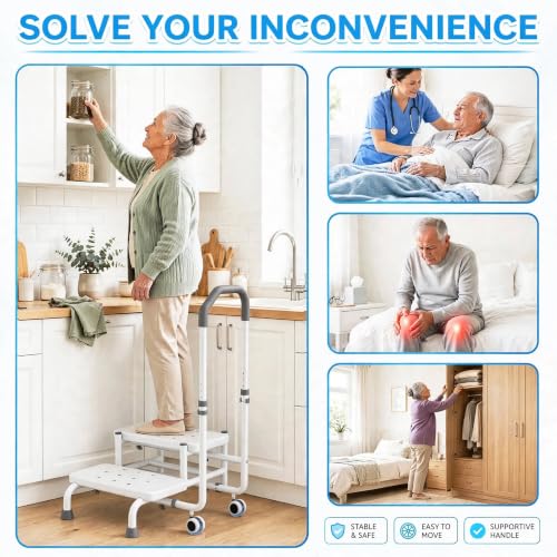 GLANORIA 2 Step Stool with Handle & Wheels for Seniors, Elderly and Adults