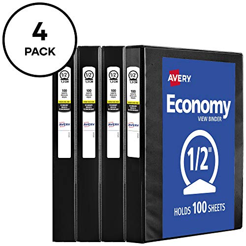 Avery® Standard View 3 Ring Binders, 0.5" Round Rings, 4 Black Binders