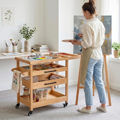 GDLF Solid Beech Wood Art Cart, Artist Taboret with Tempered Glass Palette