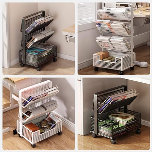 Rolling Book Cart, Large Capacity Office Paper Organizer with Wheels, Slanted Shelf, Multi-Layer Table-Side Metal Storage Rack for Storing Books, Magazines, Newspapers(Black,2 Tier)