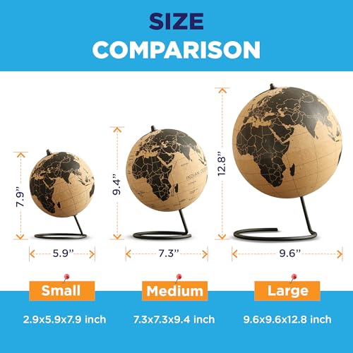 Black Cork Globe with Push Pins - 12.8” Tall Globe with Map of the World and Rotating Stand for Adults, 275 Pins - 100 Colored, 50 Metallic, 100 Country, 25 Flag - For Home, Office, Travel