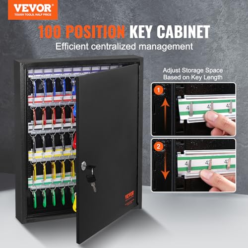 VEVOR 100-Key Cabinet, Key Lock Box with Adjustable Racks, Security Key Storage Box Steel, Key Organizer with 100 Colorful Key Tags and 2 Record Cards for School, Office, Hotel
