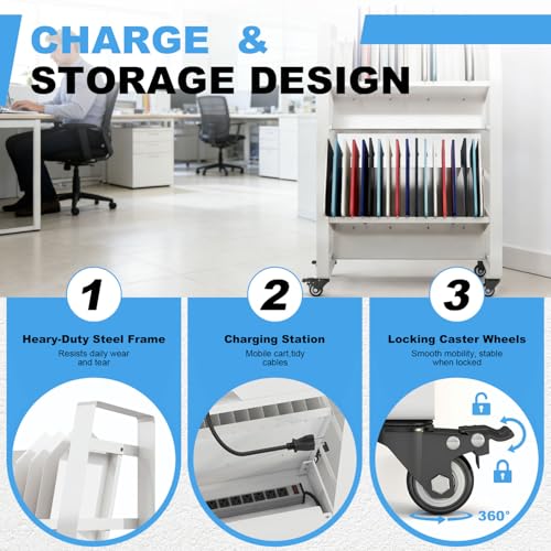 32-Device Open Charging Cart, Two-Shelf Mobile Charging Station, White