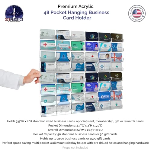 Marketing Holders Hanging Business Card Holder with Hardware Holds 3.5" x 2" Gift Cards 48 Pocket Multi Slot Space Saver Clear Acrylic Wall Mount Display Professional Offices and Businesses