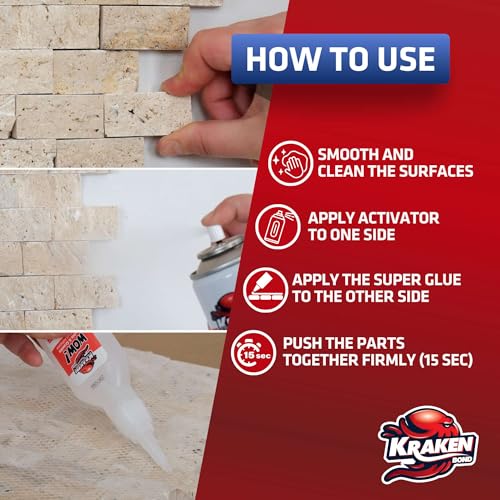 Kraken Bond Wow Marble & Granite CA Glue With Activator - (12x6.75 fl.oz) Activator, (12x1.75 oz) for Stone, Ceramic and Metal, Strong Super Glue With Accelerator, 12 Pack