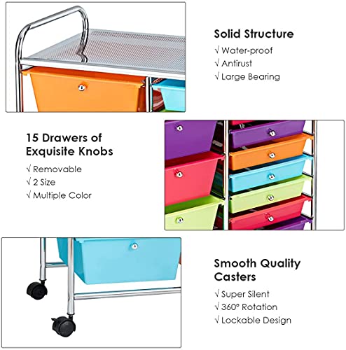 15-Drawer Storage Cart, Mobile Rolling Utility Cart w/Wheels, Multipurpose Organizer Cart for Tools, Scrapbook, Paper, Ideal for Home Office School (Multicolor)