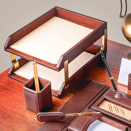 Dacasso Chocolate Brown Leather Front-Load Double Letter Tray Set w/Gold Stacking Posts - Luxury Executive Decor and Office Essential - Desk Surface Protector