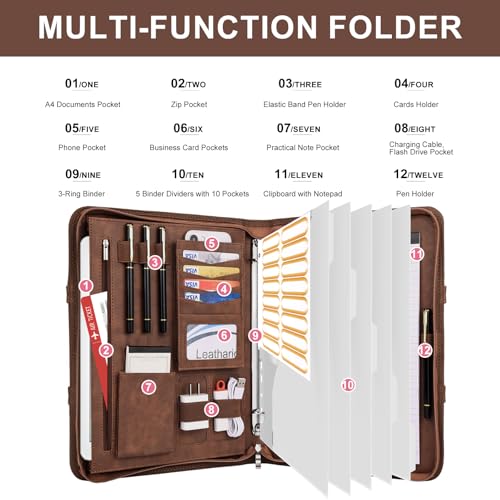 Leathario Portfolio Binder, Includes 5 Folder Index Dividers, 13 Inch Tablets Organizer with Handle, Vegan Leather A4 Padfolio, Multi-Pocket Notepad Business Planner Professional Document