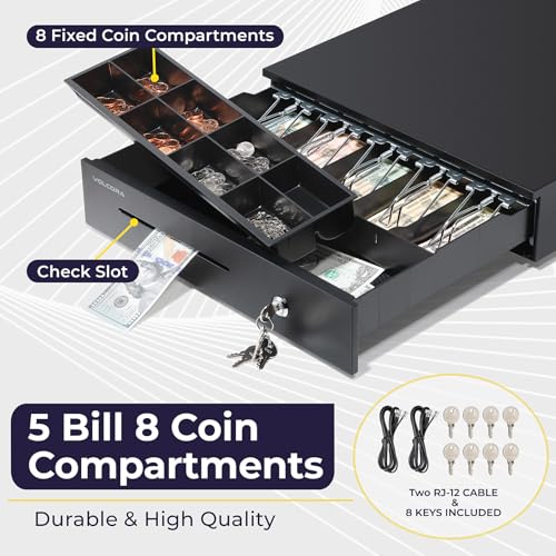 Volcora Electronic Cash Register Drawer for Point of Sale (POS) System, 5 Bill/8 Coin, 16" with Adjustable Coin Slots, 12-24V, RJ11/RJ12 Key-Lock, Media Slot, Black