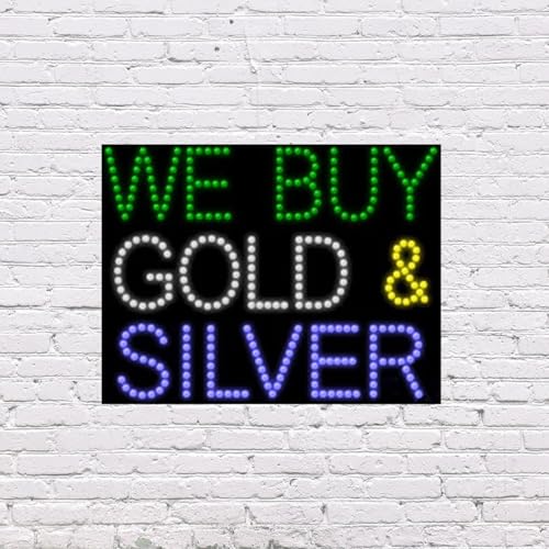 LED We Buy Gold & Silver Sign for Retail Business Displays |Advertising Electronic Light Up Sign for Windows Walls | 20"h x 26"w x 1"d