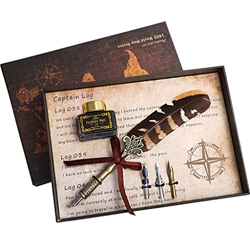 YMGSCC Retro Classical Feather Dip Pen Fountain Ink Bottle with 3 Nibs Stationery Gift Box for School Birthday Calligraphy(D)