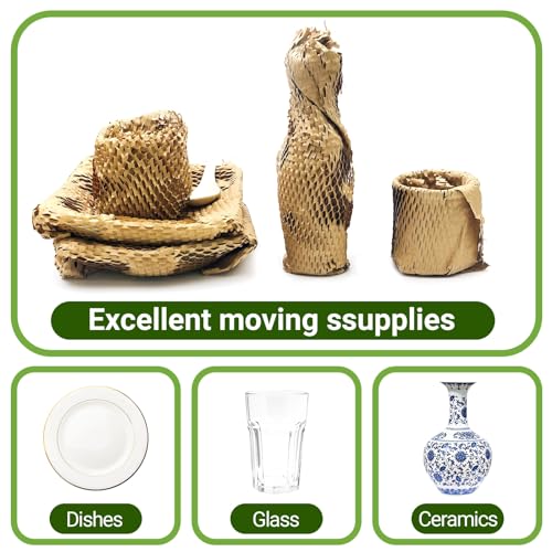 Dish Packing Kit Moving Supplies 15" x660' Honeycomb Wrapping Paper, Large Recyclable Expandable Bubble Cushion Wrap Roll Packing Material for Fragile Items Breakables Plate Glassware Bottle, 80GSM