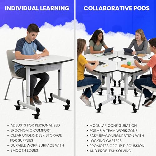 Luxor MBS-Desk Trapezoid Student Desk with Drawer, Height-Adjustable, Include Dual Backpack Hooks and a Removable MBS Bin