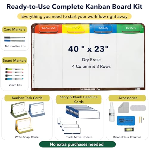PMXBOARD 4-Column Magnetic Kanban Board Kit – Board + 64 Magnetic Cards | Flex Dry Erase Scrum & Project Planning Whiteboard