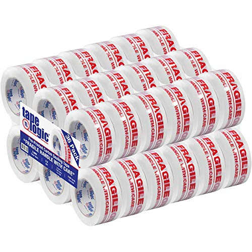 Aviditi Tape Logic 2 Inch x 110 Yard 2.2 Mil Red/White, Heavy Duty Packing Tape, "Fragile Handle With Care" 36 Pack, Perfect for Packing, Shipping, Moving, Home and Office