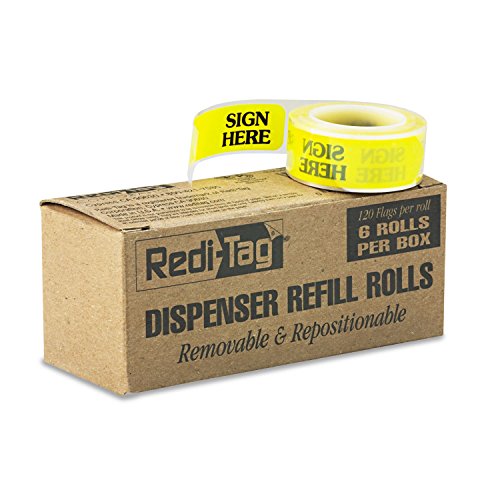 Redi-Tag 91001 Arrow Message Page Flag Refills"Sign Here" Yellow 6 Rolls of 120 Flags